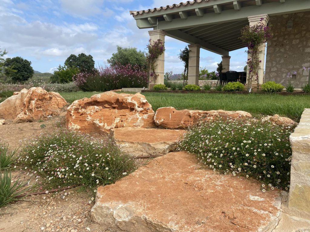 Natural stone steps with Mexican fleabane in the joints in front of a finca terrace in Mallorca