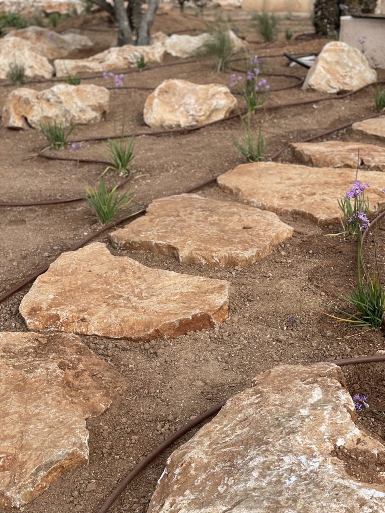 Stone path under construction with boulders and drip lines in a Mallorcan garden